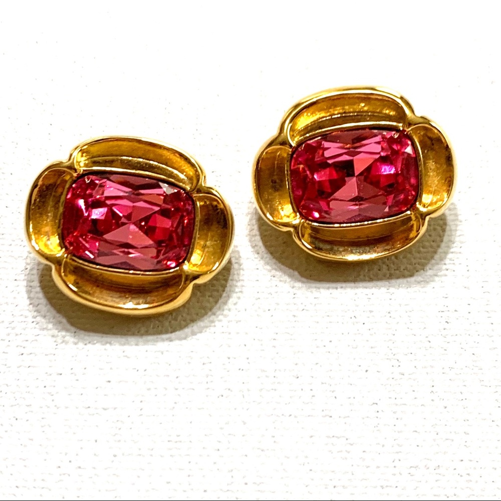 Vintage clip earrings Pink Crystal Gold Plated